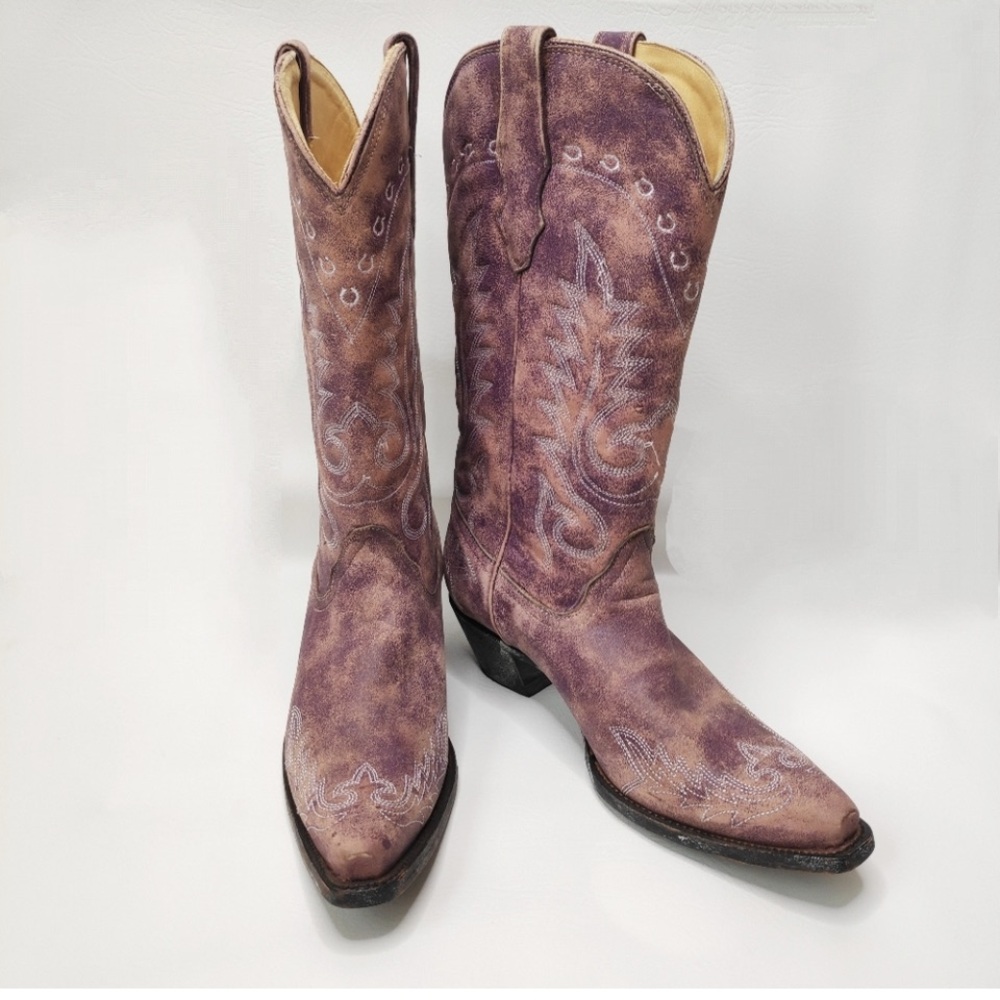 Corral Cowboy Boots Purple Tan Pointed Toe Sz 9.5